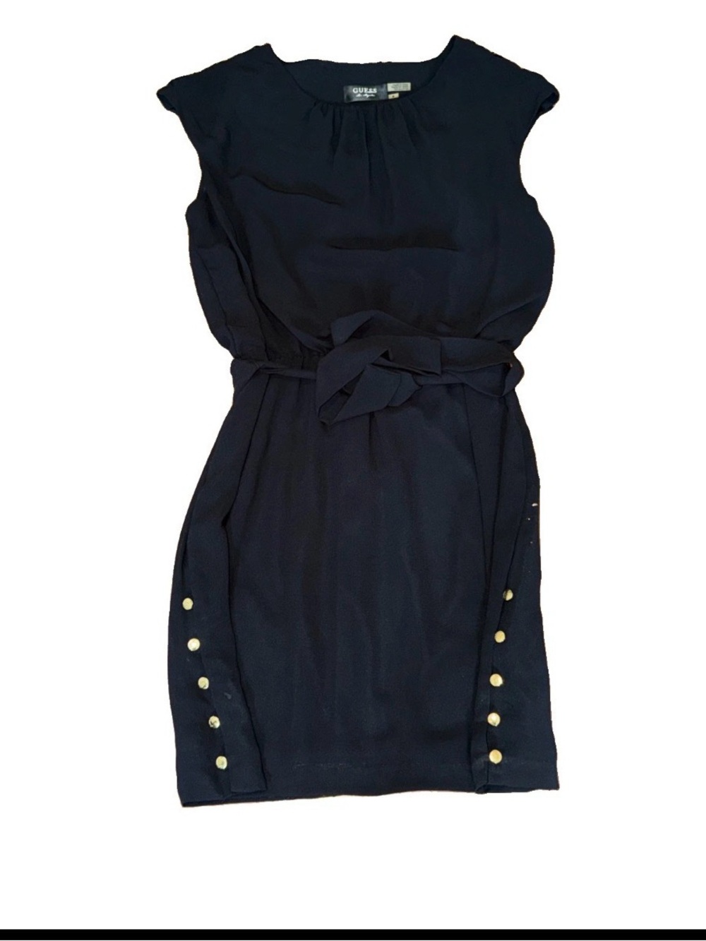 GUESS Black Chiffon Belted Mini Dress Gold Button